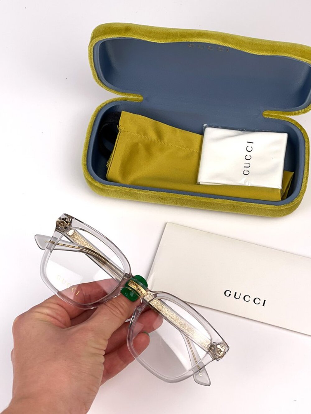 GUCCI GG0184O 005 GREY CLEAR GOLD SQUARE EYEGLASSES